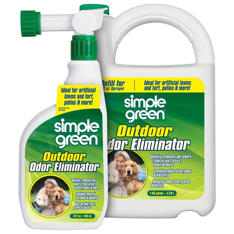 simple green مزيل الروائح الخارجي البسيط الأخضر للحيوانات الأليفة، الكلاب، مثالي للعشب الصناعي والفناء (32 أونصة بخاخ نهاية الخرطوم و 1 جالون إعادة تعبئة) - Image 1