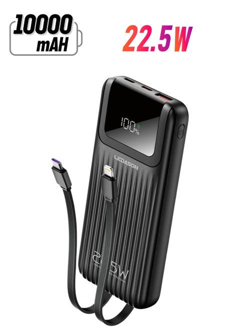 Ledason 10000mAh Power Bank – 22.5W Fast Charging, Built-in USB-C & iOS Cables, LED Display Screen for Battery %, Compact & Travel-Friendly for iPhone, Android, iPad, Samsung & More