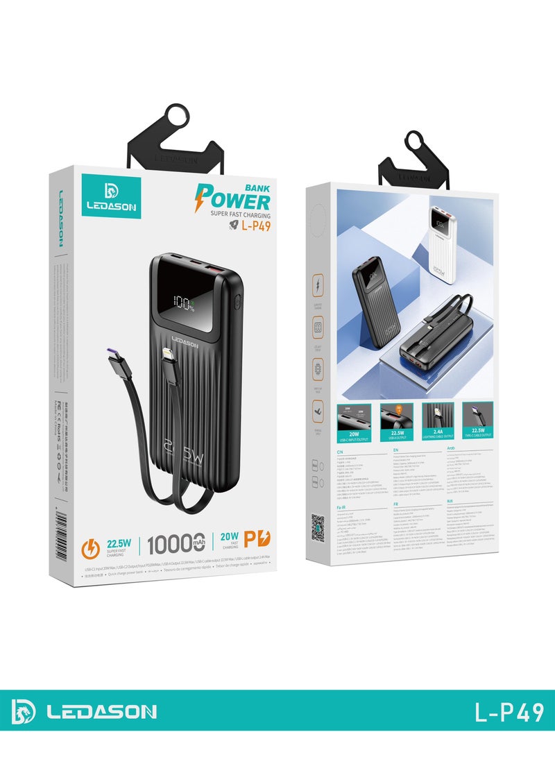 Ledason 10000mAh Power Bank – 22.5W Fast Charging, Built-in USB-C & iOS Cables, LED Display Screen for Battery %, Compact & Travel-Friendly for iPhone, Android, iPad, Samsung & More