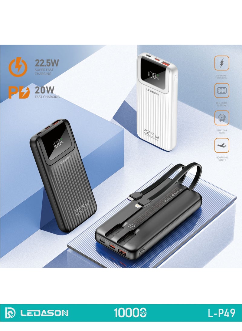 Ledason 10000mAh Power Bank – 22.5W Fast Charging, Built-in USB-C & iOS Cables, LED Display Screen for Battery %, Compact & Travel-Friendly for iPhone, Android, iPad, Samsung & More