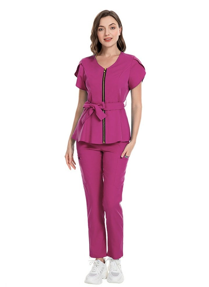 Loquat Womens Medical Uniform Scrubs 2 Piece Set Strap Up Waist Zipper Top and Elastic Waist Straight Pants Suit Rose Pink  - Image 1