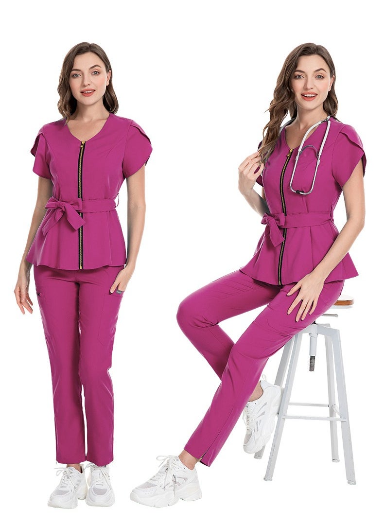 Loquat Womens Medical Uniform Scrubs 2 Piece Set Strap Up Waist Zipper Top and Elastic Waist Straight Pants Suit Rose Pink  - Image 2