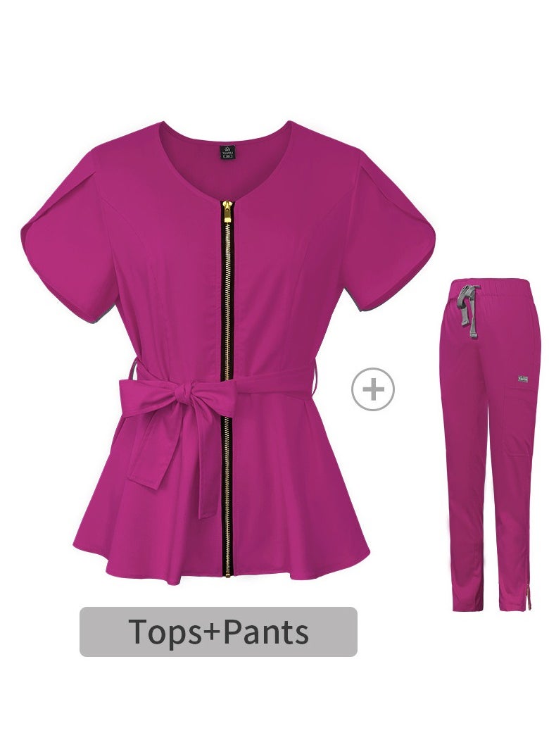 Loquat Womens Medical Uniform Scrubs 2 Piece Set Strap Up Waist Zipper Top and Elastic Waist Straight Pants Suit Rose Pink  - Image 3
