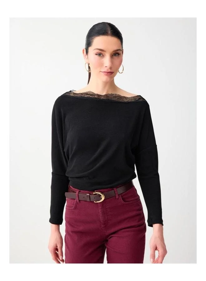 Jimmy Key Black Boat Neck Long Sleeve Lace-Detail Knitted Blouse.