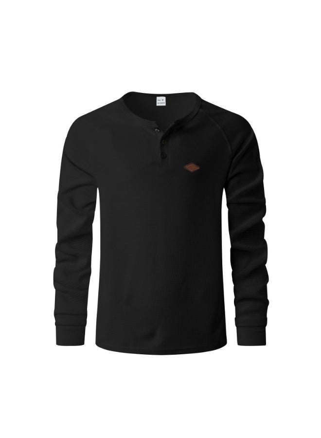 Men's Casual Long Sleeve Thin Waffle Pattern Button up Quick Dry Shoulder Insert Henry T-Shirt for Spring Autumn - Image 1