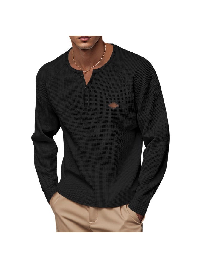 Men's Casual Long Sleeve Thin Waffle Pattern Button up Quick Dry Shoulder Insert Henry T-Shirt for Spring Autumn - Image 3