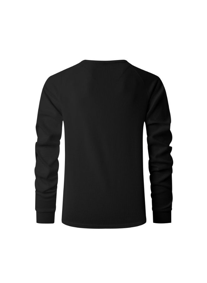 Men's Casual Long Sleeve Thin Waffle Pattern Button up Quick Dry Shoulder Insert Henry T-Shirt for Spring Autumn - Image 2
