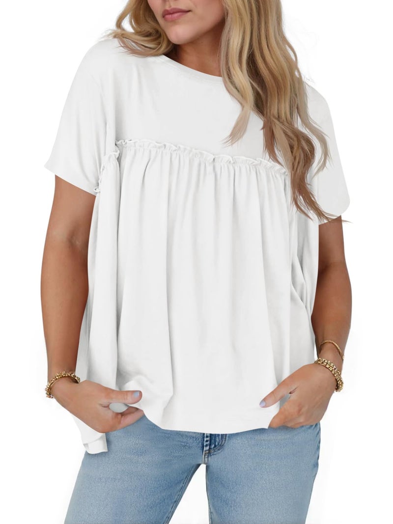 Cicy Bell Womens Summer Babydoll Tunic Tops Pleated Short Sleeve Crew Neck Peplum T Shirts Casual Loose Fit Outfits White - Image 5