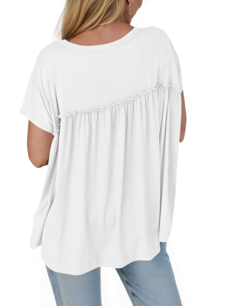 Cicy Bell Womens Summer Babydoll Tunic Tops Pleated Short Sleeve Crew Neck Peplum T Shirts Casual Loose Fit Outfits White - Image 3