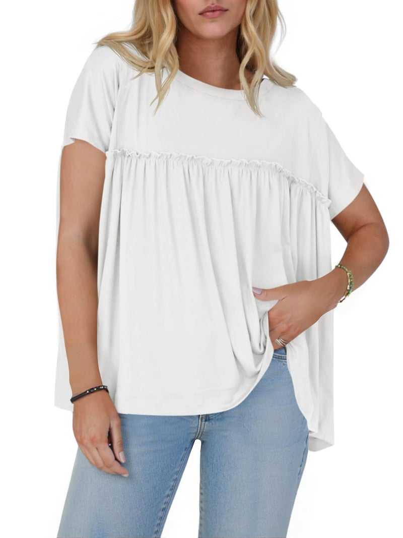 Cicy Bell Womens Summer Babydoll Tunic Tops Pleated Short Sleeve Crew Neck Peplum T Shirts Casual Loose Fit Outfits White - Image 4