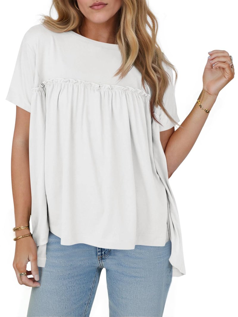Cicy Bell Womens Summer Babydoll Tunic Tops Pleated Short Sleeve Crew Neck Peplum T Shirts Casual Loose Fit Outfits White - Image 1