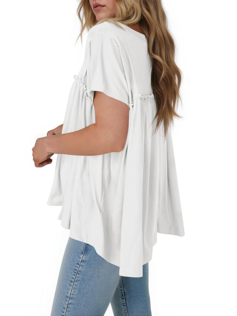 Cicy Bell Womens Summer Babydoll Tunic Tops Pleated Short Sleeve Crew Neck Peplum T Shirts Casual Loose Fit Outfits White - Image 2