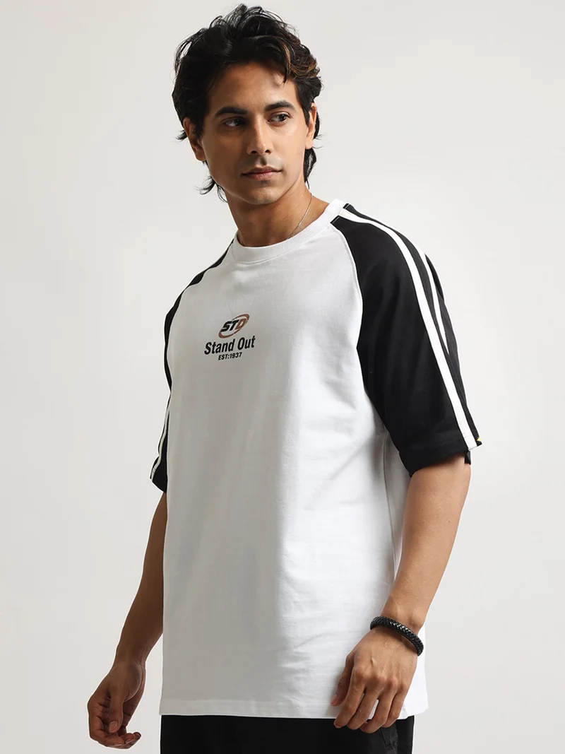 Maniac  Maniac Mens Spray Printed Round Neck Half Sleeve White and Grey Cotton Tshirt for Men | Best Price UAE