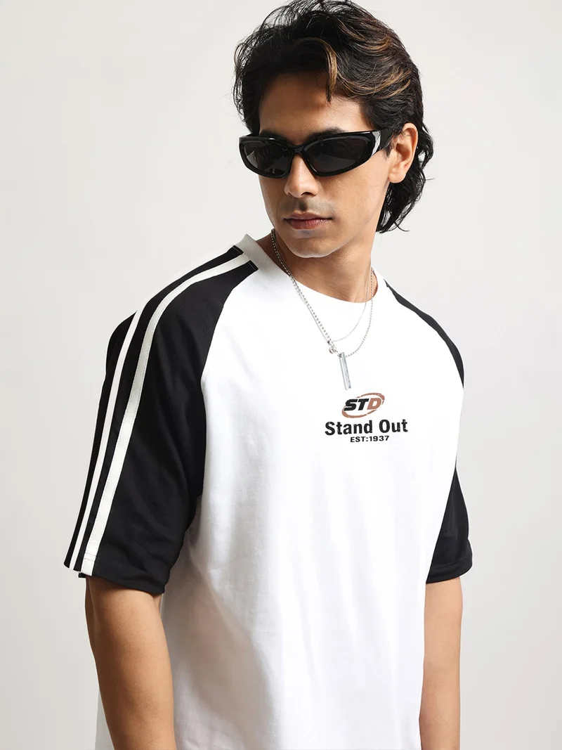 مانياك Maniac Mens Spray Printed Round Neck Half Sleeve White and Grey Cotton Tshirt