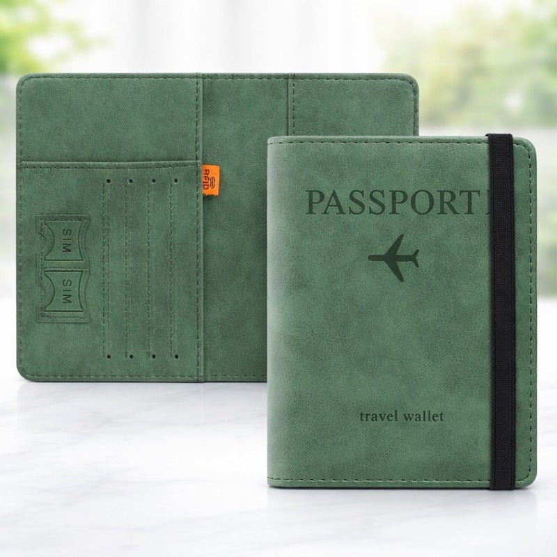 vsell24 Green Passport Holder Wallet Cover Case with RFID Blocking, PU Leather Travel Document Holder for Men & Women - Image 1