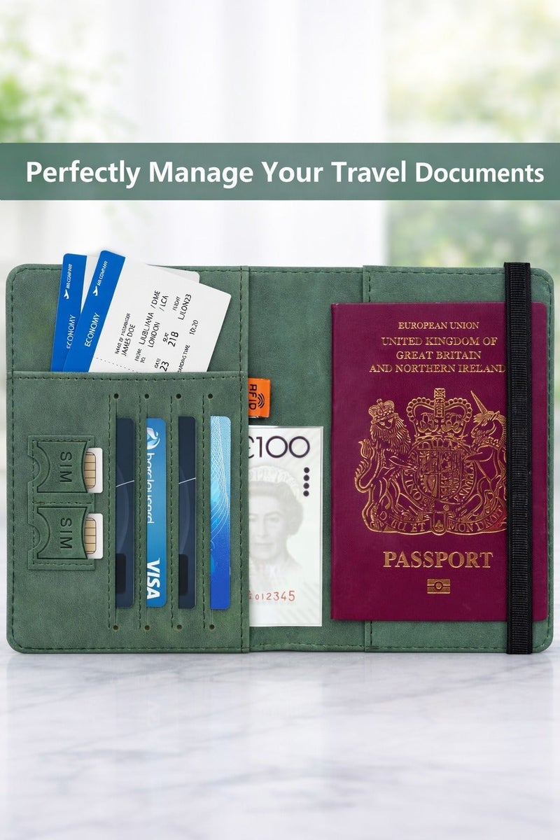 vsell24 Green Passport Holder Wallet Cover Case with RFID Blocking, PU Leather Travel Document Holder for Men & Women - Image 2
