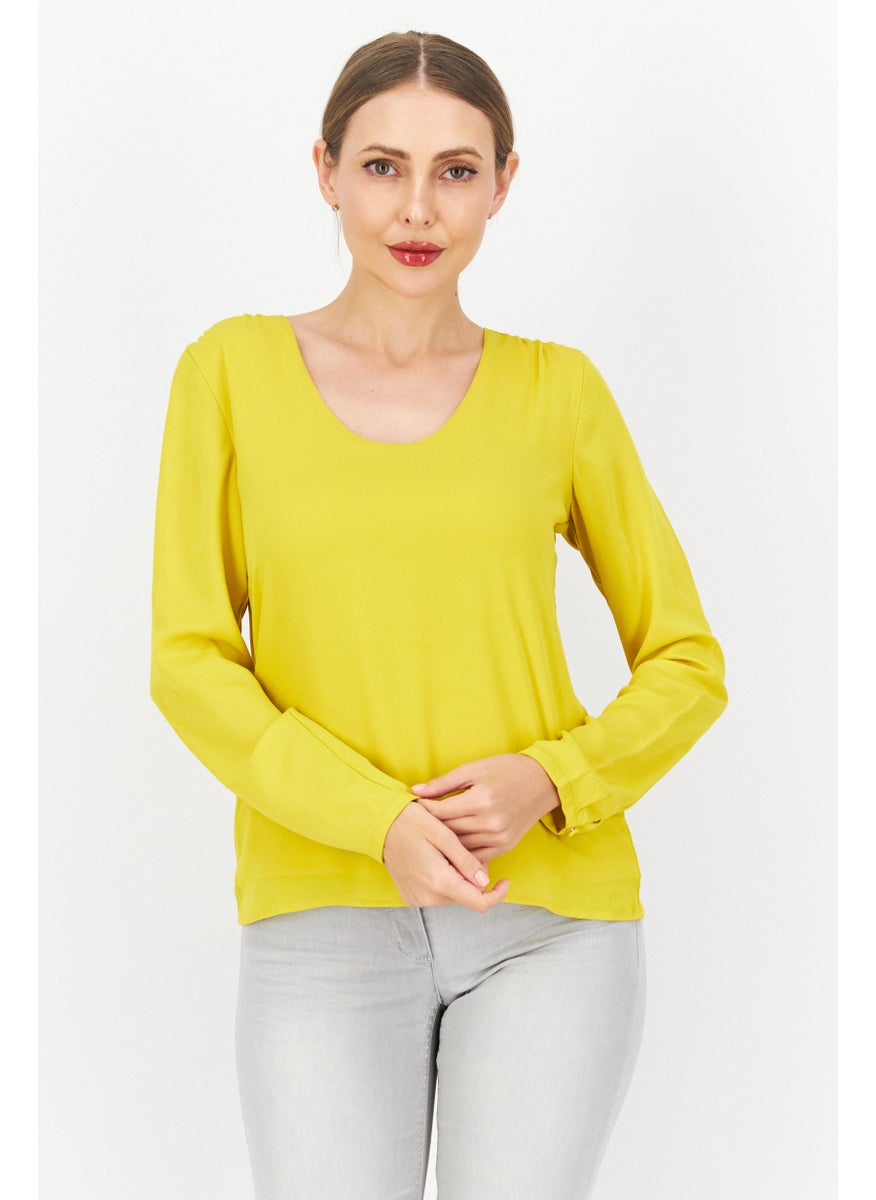 Zero Women Scoop Neck Long Sleeve Plain Blouse, Yellow  - Image 1