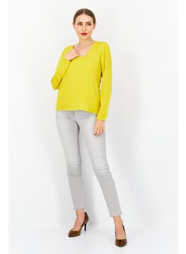 Zero Women Scoop Neck Long Sleeve Plain Blouse, Yellow  - Image 3