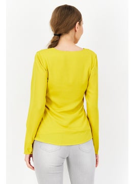 Zero Women Scoop Neck Long Sleeve Plain Blouse, Yellow  - Image 2