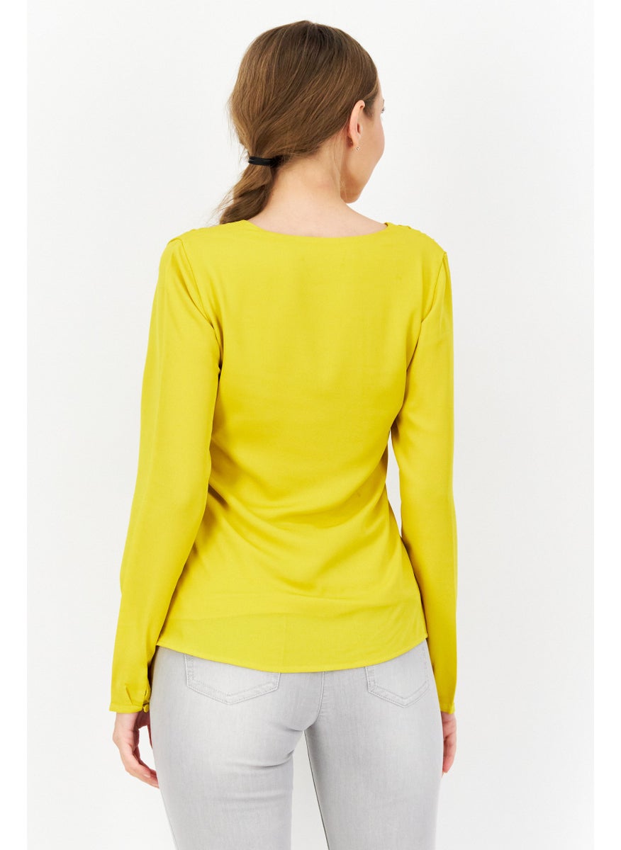 Zero Women Scoop Neck Long Sleeve Plain Blouse, Yellow  - Image 2