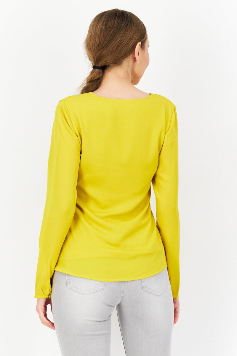 Zero Women Scoop Neck Long Sleeve Plain Blouse, Yellow - Image 2