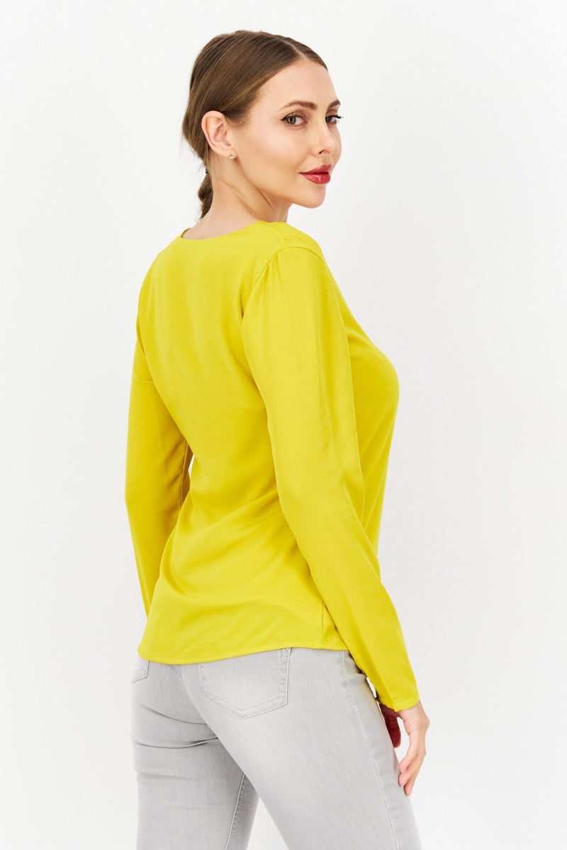 Zero Women Scoop Neck Long Sleeve Plain Blouse, Yellow - Image 4
