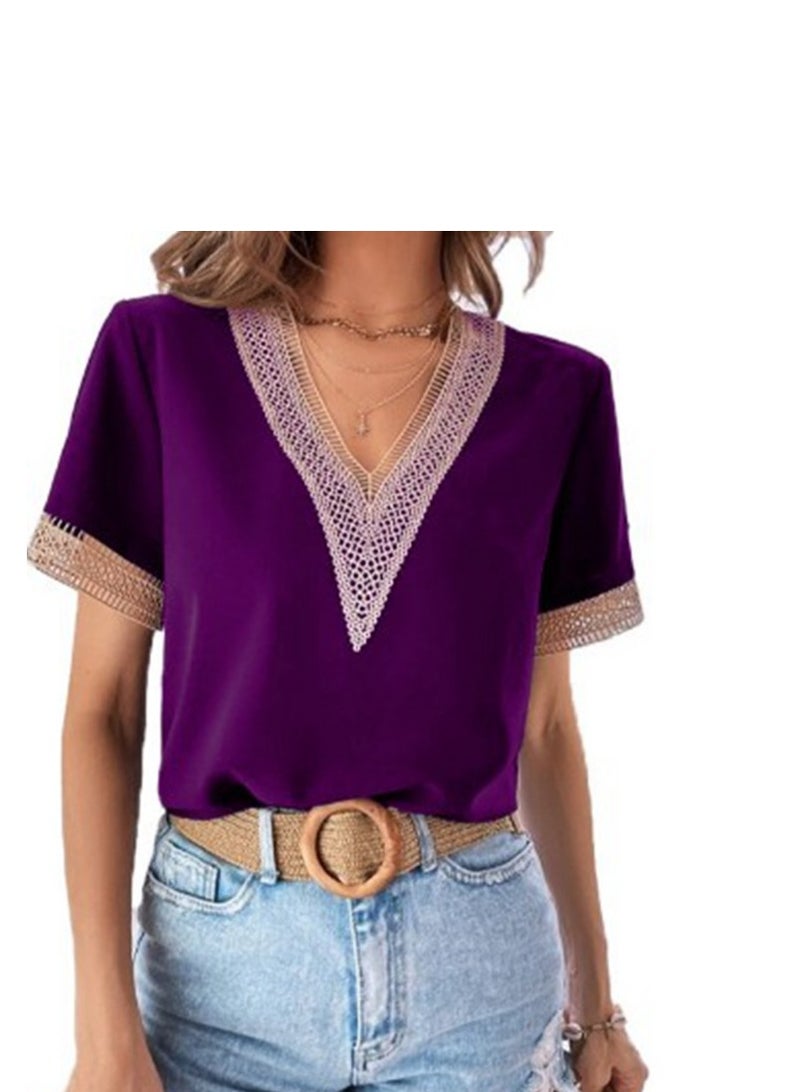 Shougu Short Sleeved V-neck Casual Ssolid Color Shirt For Women  - Image 1