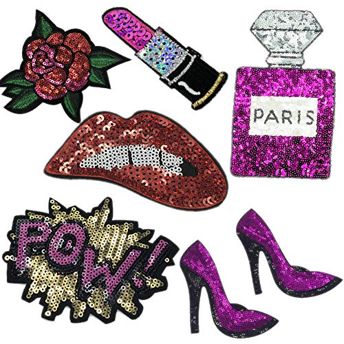 TATEELY 7 Pcs Purple Blue Embroidered Patches Lip/Lipstick Iron On Patch Sewing On Sequins DIY Clothes Applique Garment Motif Woman Girl Brand Patch (Purple) - Image 1