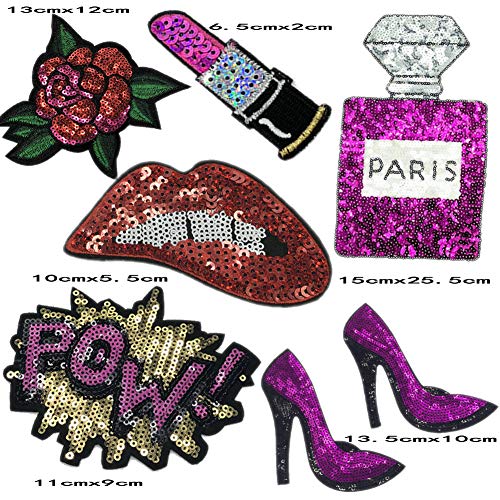 TATEELY 7 Pcs Purple Blue Embroidered Patches Lip/Lipstick Iron On Patch Sewing On Sequins DIY Clothes Applique Garment Motif Woman Girl Brand Patch (Purple) - Image 2