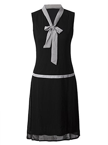 Vijiv Womens 1920s Midi Flapper Dress V Neck Grey Bow Roaring 20s Great Gatsby Dress - Image 1