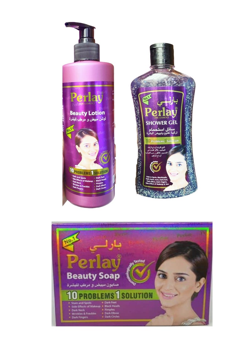 Perlay Complete Skincare Set – Beauty Lotion + Shower Gel + Beauty Soap | 10 Problems, 1 Solution | All-in-One Daily Skin Care