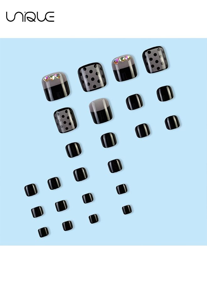 Unique 24 Pcs Toenails Square Short Full Cover Fake Toenails -Black Heart-Shaped Rhinestones nail Nail Sheets - Fake Nails With Glue Sticker and Nail File Fake Gel Toe Nail Tips Set for Female Yeen Girls - Image 3