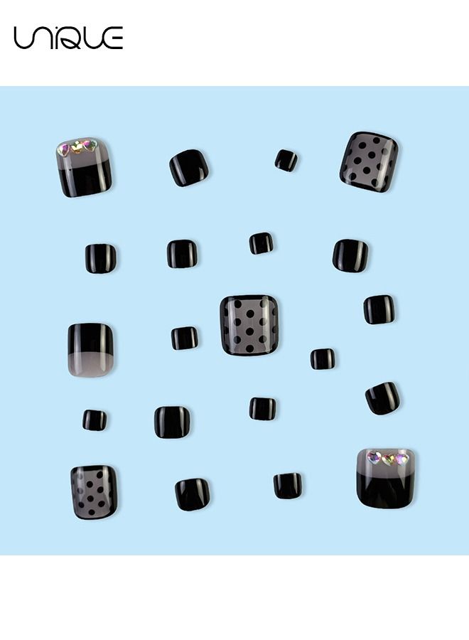 Unique 24 Pcs Toenails Square Short Full Cover Fake Toenails -Black Heart-Shaped Rhinestones nail Nail Sheets - Fake Nails With Glue Sticker and Nail File Fake Gel Toe Nail Tips Set for Female Yeen Girls - Image 4