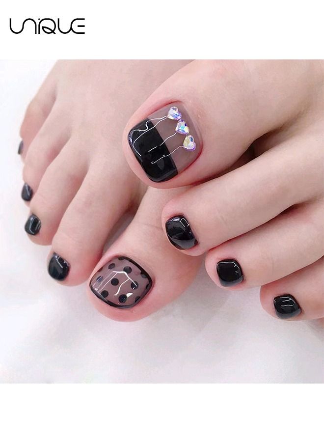 Unique 24 Pcs Toenails Square Short Full Cover Fake Toenails -Black Heart-Shaped Rhinestones nail Nail Sheets - Fake Nails With Glue Sticker and Nail File Fake Gel Toe Nail Tips Set for Female Yeen Girls - Image 2