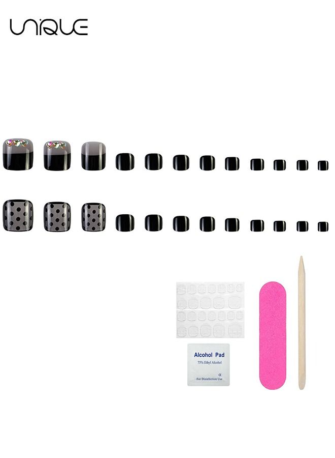 Unique 24 Pcs Toenails Square Short Full Cover Fake Toenails -Black Heart-Shaped Rhinestones nail Nail Sheets - Fake Nails With Glue Sticker and Nail File Fake Gel Toe Nail Tips Set for Female Yeen Girls - Image 5