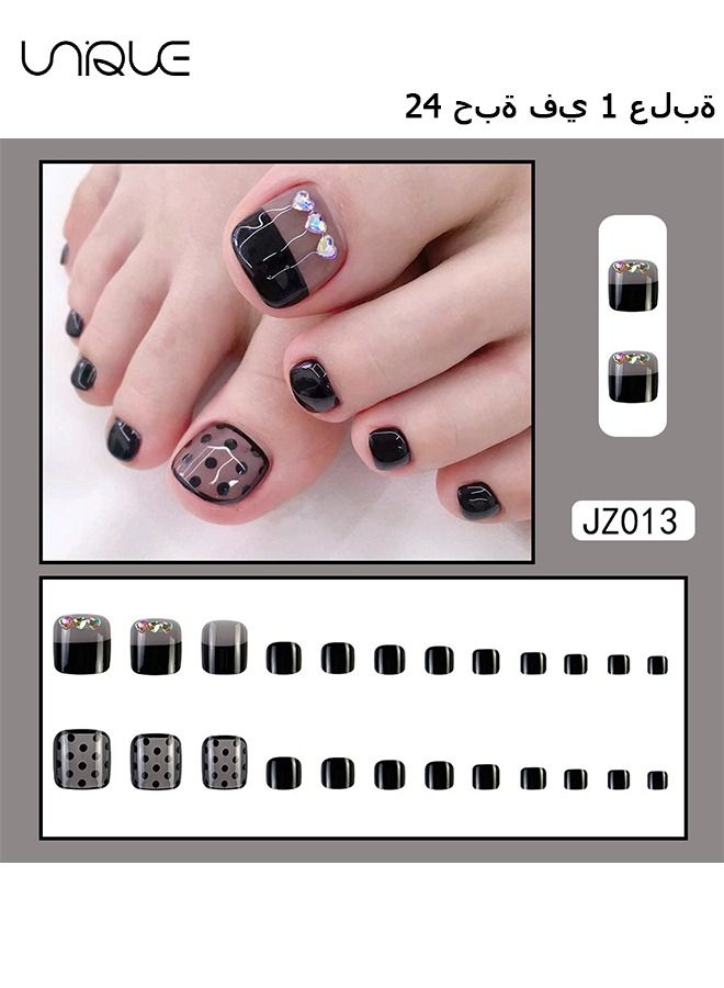 Unique 24 Pcs Toenails Square Short Full Cover Fake Toenails -Black Heart-Shaped Rhinestones nail Nail Sheets - Fake Nails With Glue Sticker and Nail File Fake Gel Toe Nail Tips Set for Female Yeen Girls - Image 1