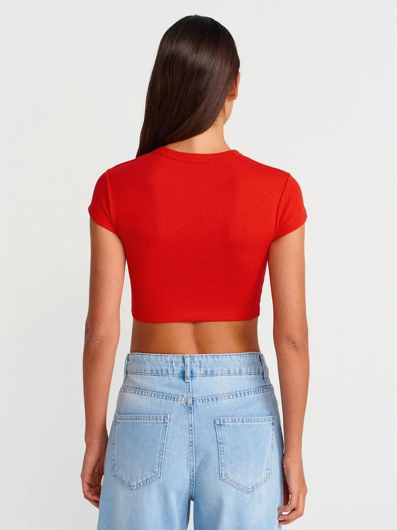 ديلفين Dilvin Women's Slim Fit Crop Crew Neck T-Shirt