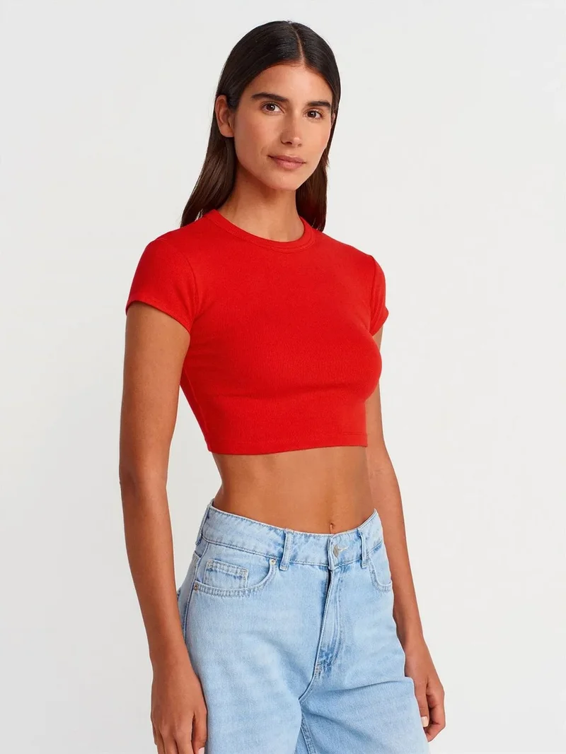 ديلفين Dilvin Women's Slim Fit Crop Crew Neck T-Shirt