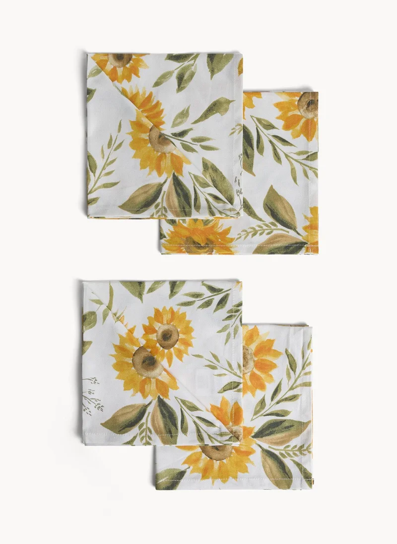 Coincasa Coincasa-Set Of 4 Cotton Panama Napkins With Sunflower Print-Yellow