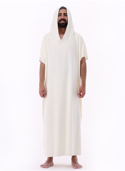 Luxury men's bathrobe with hood in beige color from RJ, made of lightweight, soft waffle fabric with superior absorbency perfect for home or after a shower.