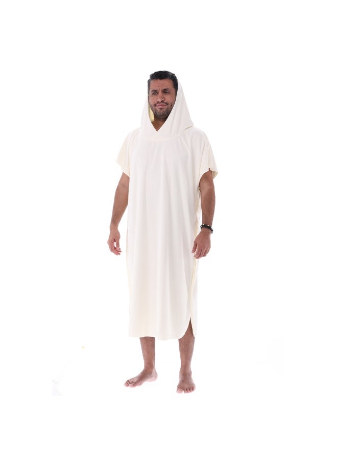 Luxury men's bathrobe with hood in beige color from RJ, made of lightweight, soft waffle fabric with superior absorbency perfect for home or after a shower.