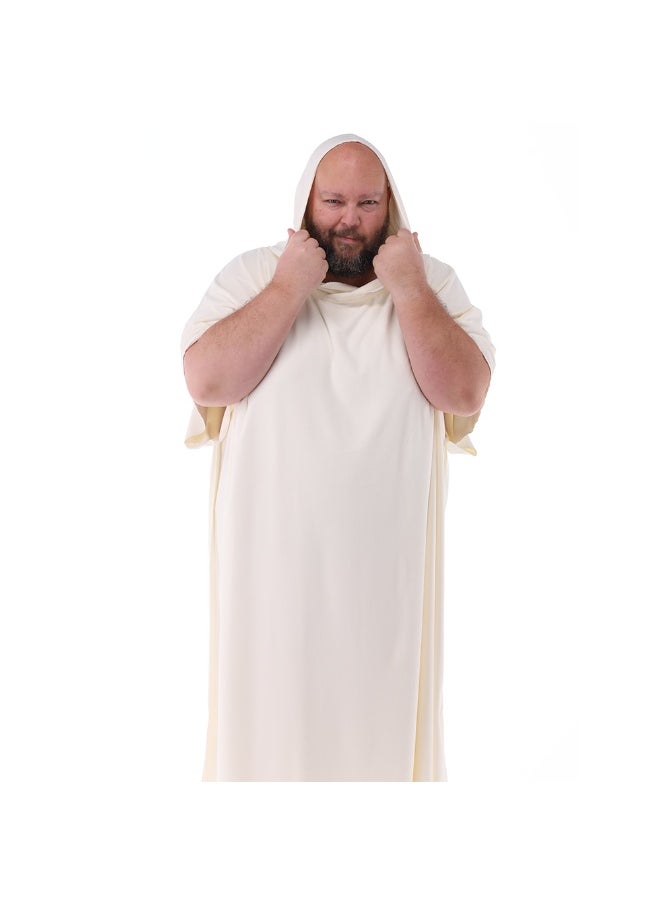 Luxury men's bathrobe with hood in beige color from RJ, made of lightweight, soft waffle fabric with superior absorbency perfect for home or after a shower.