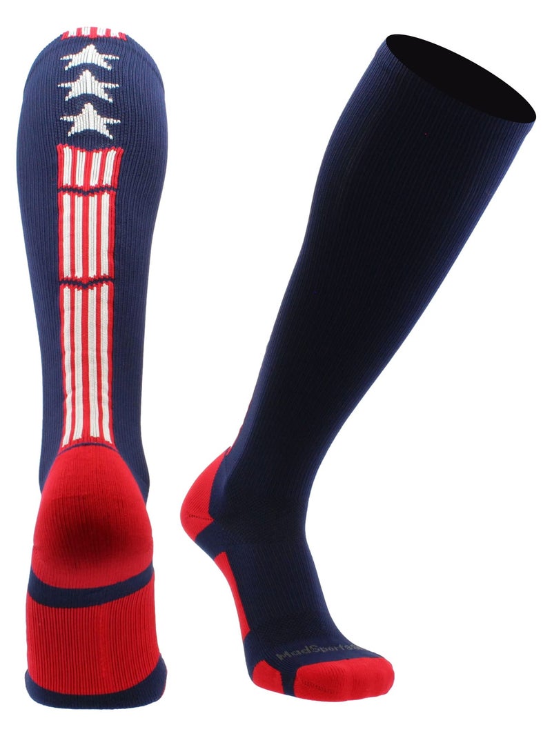 MadSportsStuff Patriot Stars and Stripes USA Flag Over the Calf Socks (Navy/Red/White 2.0, Medium) - Image 1