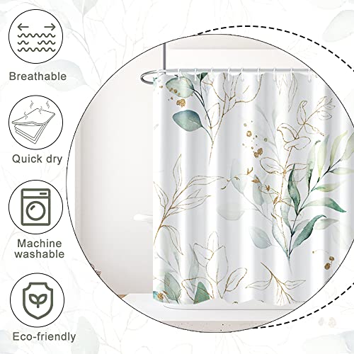 Ruelvth Sage Green Eucalyptus Shower Curtain, Spring Plant Leaves Shower Curtain Waterproof Fabric Watercolor Green and Gold Shower Curtain Set with Hooks, 48x72 Inch - Image 4