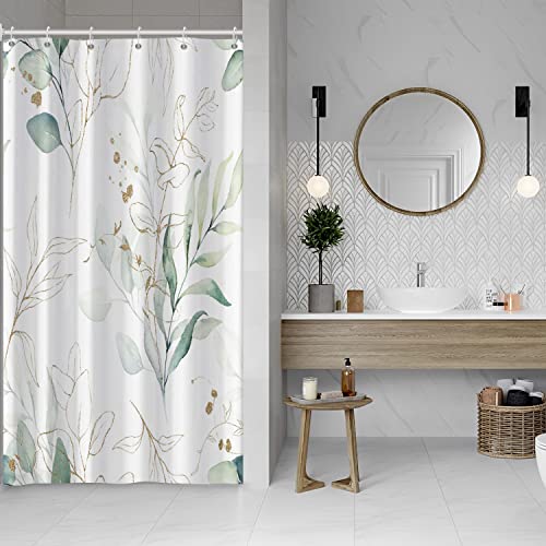 Ruelvth Sage Green Eucalyptus Shower Curtain, Spring Plant Leaves Shower Curtain Waterproof Fabric Watercolor Green and Gold Shower Curtain Set with Hooks, 48x72 Inch - Image 2