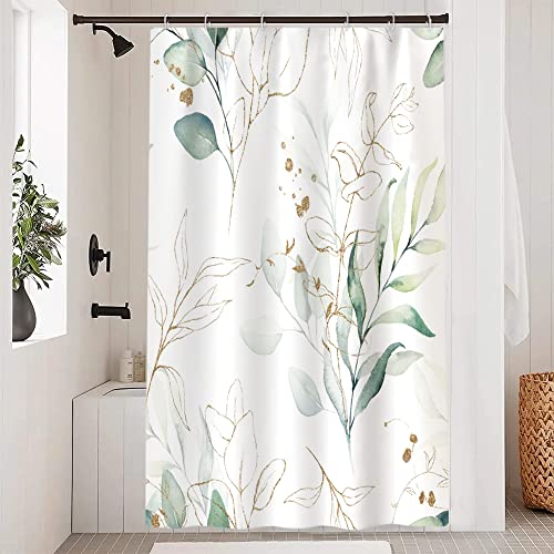 Ruelvth Sage Green Eucalyptus Shower Curtain, Spring Plant Leaves Shower Curtain Waterproof Fabric Watercolor Green and Gold Shower Curtain Set with Hooks, 48x72 Inch - Image 1