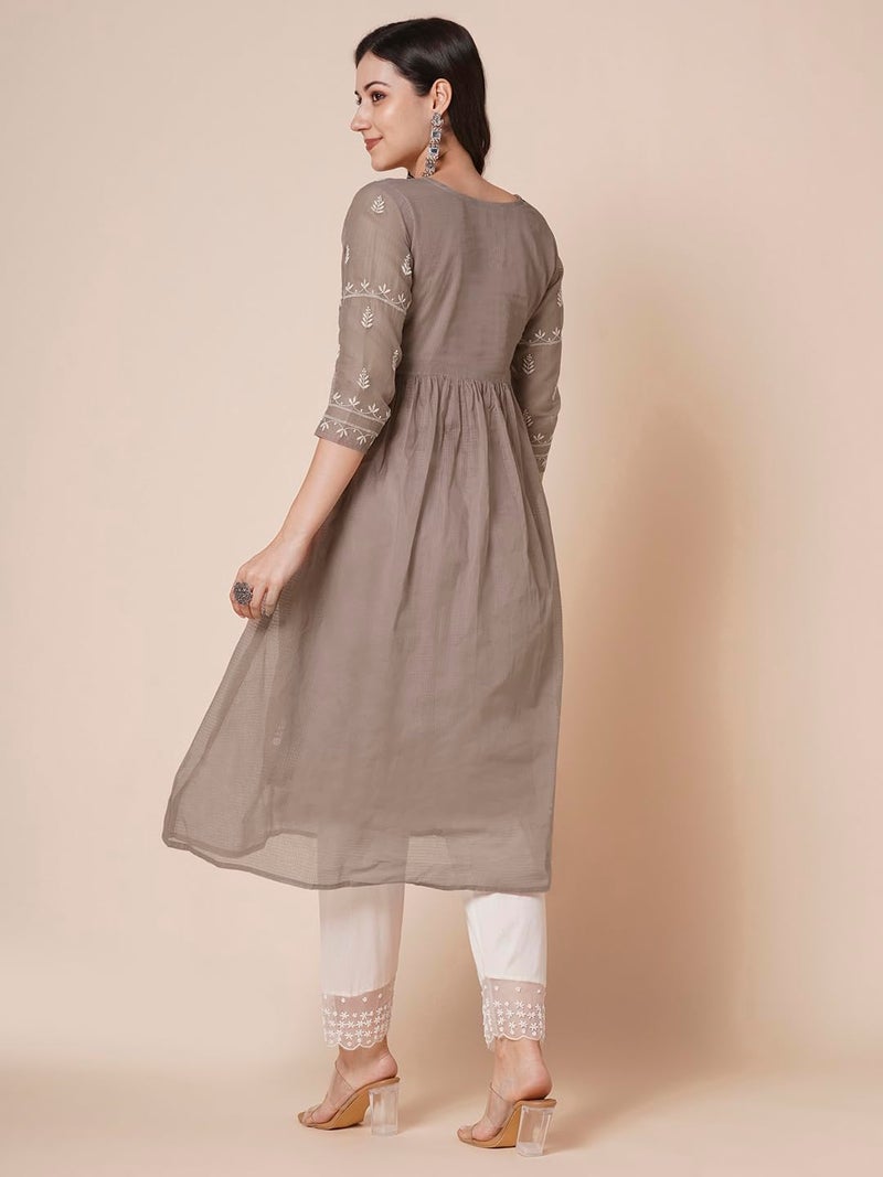 RATAN Women's Muga Cotton Flared Lucknowi Chikankari Ethnic Wear Kurta (TPD-4485-3X-Large_Brown) - Image 3