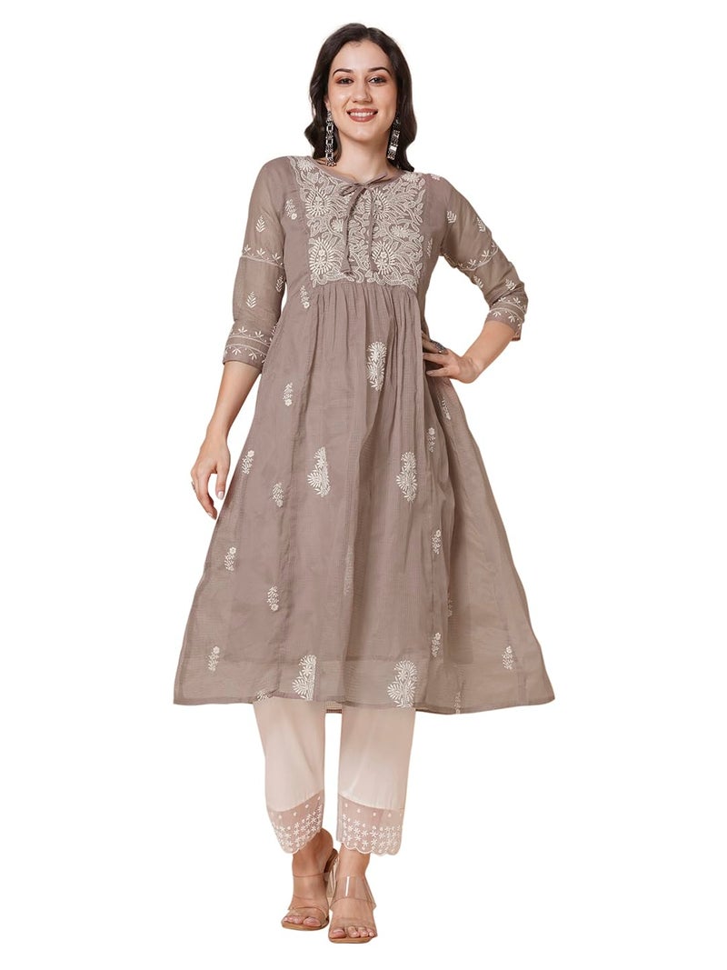 RATAN Women's Muga Cotton Flared Lucknowi Chikankari Ethnic Wear Kurta (TPD-4485-3X-Large_Brown) - Image 1