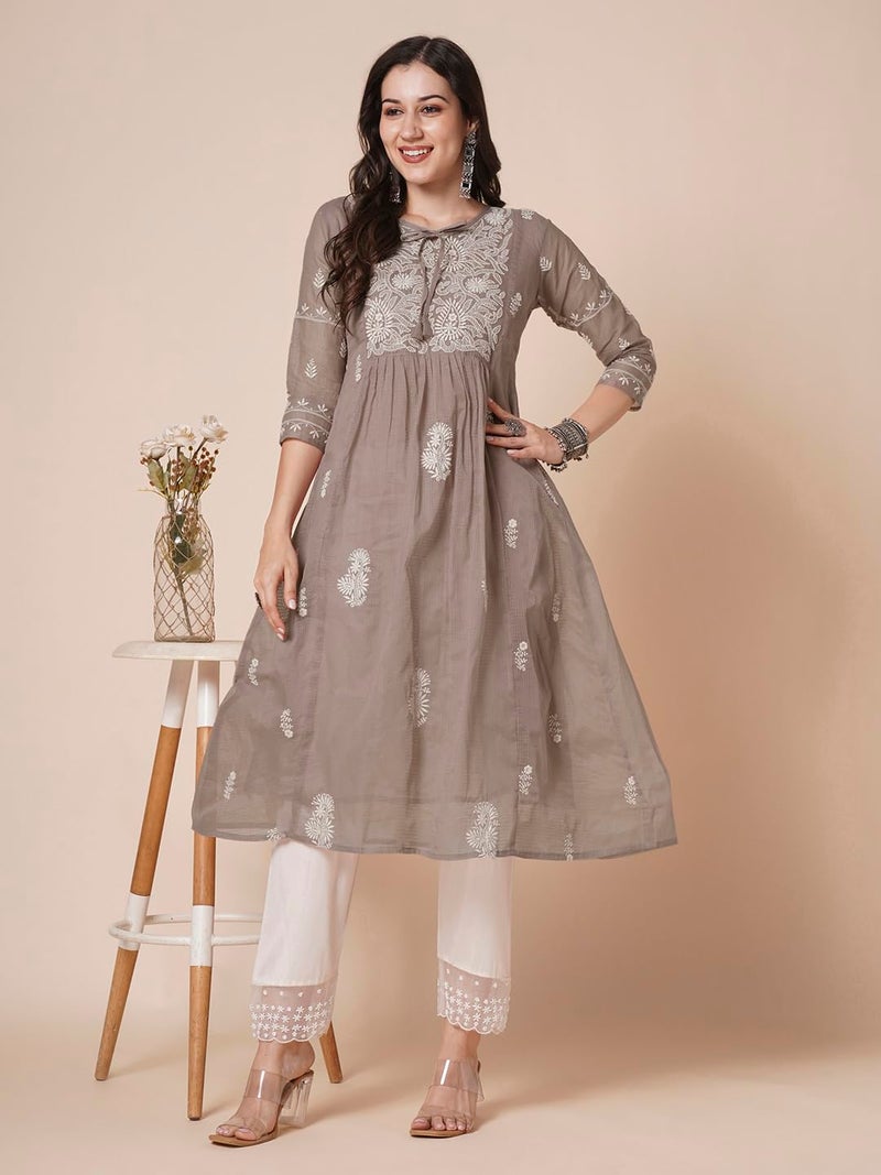 RATAN Women's Muga Cotton Flared Lucknowi Chikankari Ethnic Wear Kurta (TPD-4485-3X-Large_Brown) - Image 2