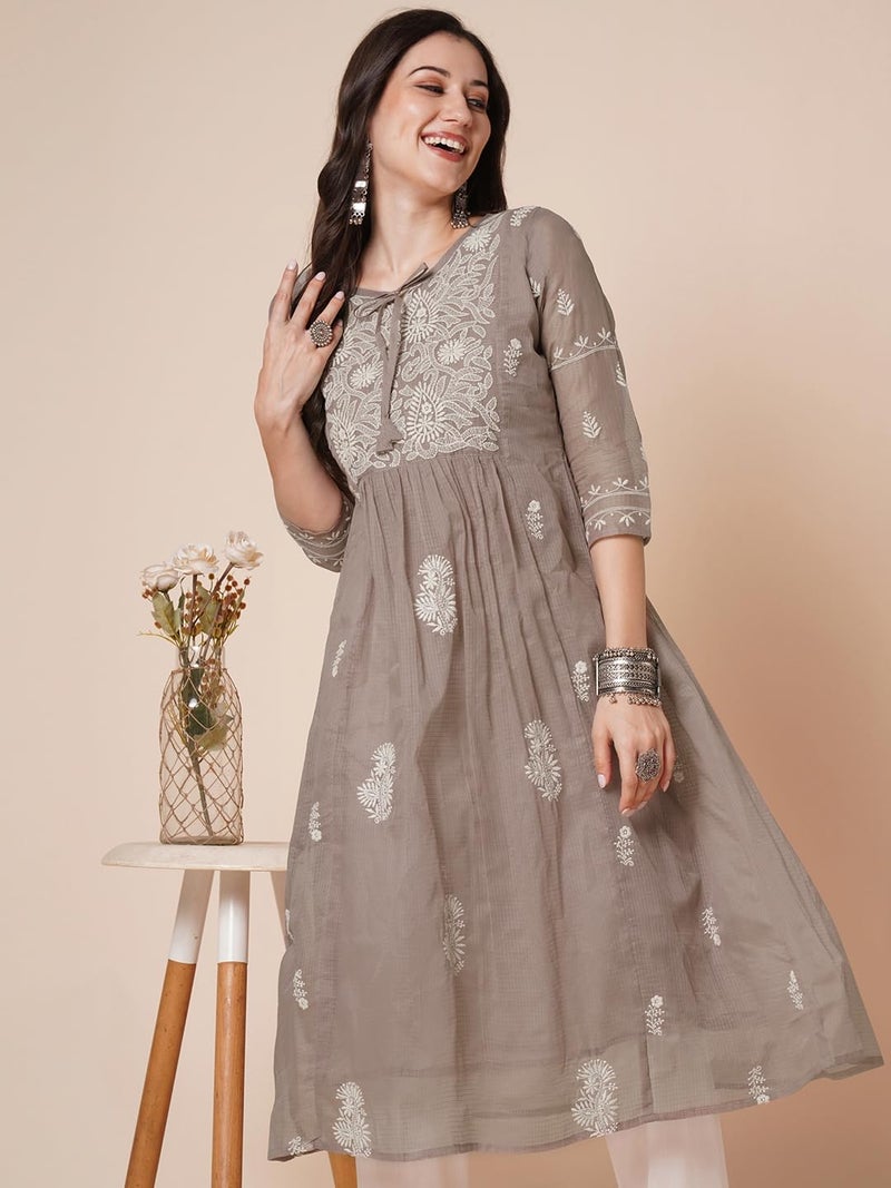 RATAN Women's Muga Cotton Flared Lucknowi Chikankari Ethnic Wear Kurta (TPD-4485-3X-Large_Brown) - Image 4